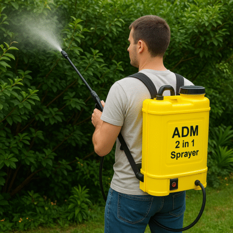 A person is using a yellow ADM 2-in-1 backpack sprayer while spraying plants in a garden.