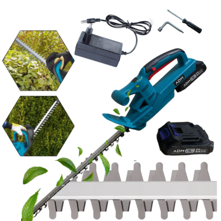 Blue cordless hedge trimmer ADM with battery, charger, tools, and sharp blades, shown cutting hedges and bushes