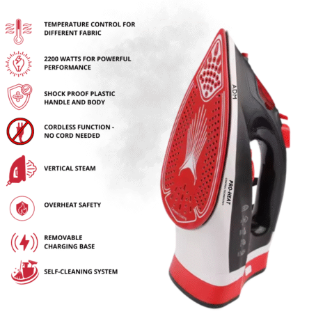 ADM Pro-Heat 2200W steam iron with red ceramic soleplate, temperature control, long cord, steam brush function, and overheat safety features