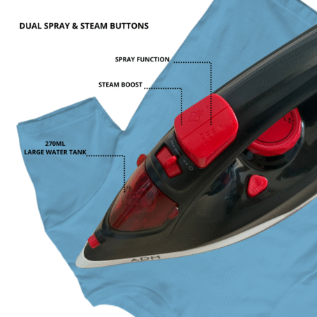 ADM Pro-Heat black and red cordless steam iron producing steam, standing on a separate removable base
