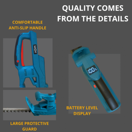 Blue cordless hedge trimmer ADM with comfortable anti-slip handle, large protective guard, and battery level display