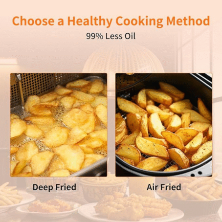 Side-by-side comparison of deep fried potato slices and air fried potato wedges, highlighting less oil usage