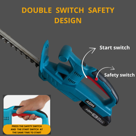 Blue cordless hedge trimmer ADM with double switch safety system, showing start switch and safety switch for safer operation