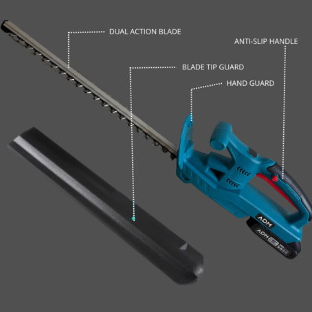 Cordless ADM hedge trimmer on gray background with labels showing dual action blade, anti-slip handle, blade tip guard, and hand guard