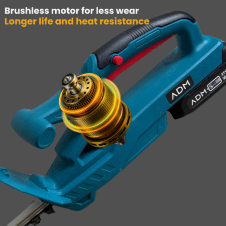 Close-up of ADM cordless hedge trimmer handle highlighting the durable brushless motor for longer life and heat resistance