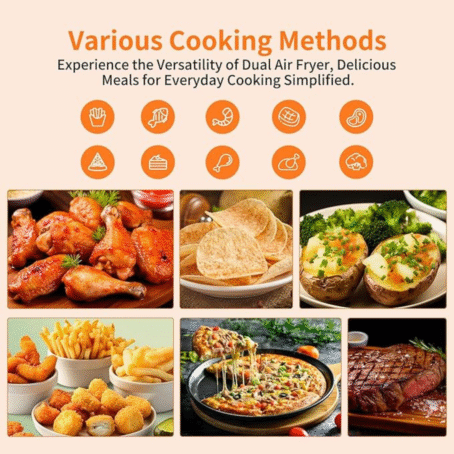 Collage showing different dishes and icons representing various cooking methods available with the dual air fryer, such as wings, fries, pizza, and steak.