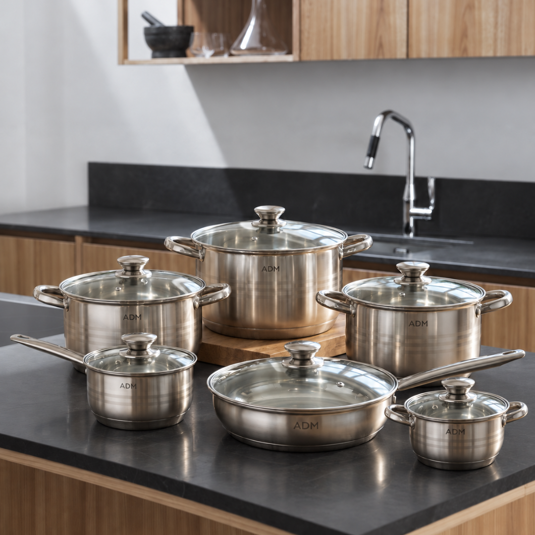 STAINLESS COOKWARE SET ADM WITH LIDS OF 12 ITEMS, SKU: 393