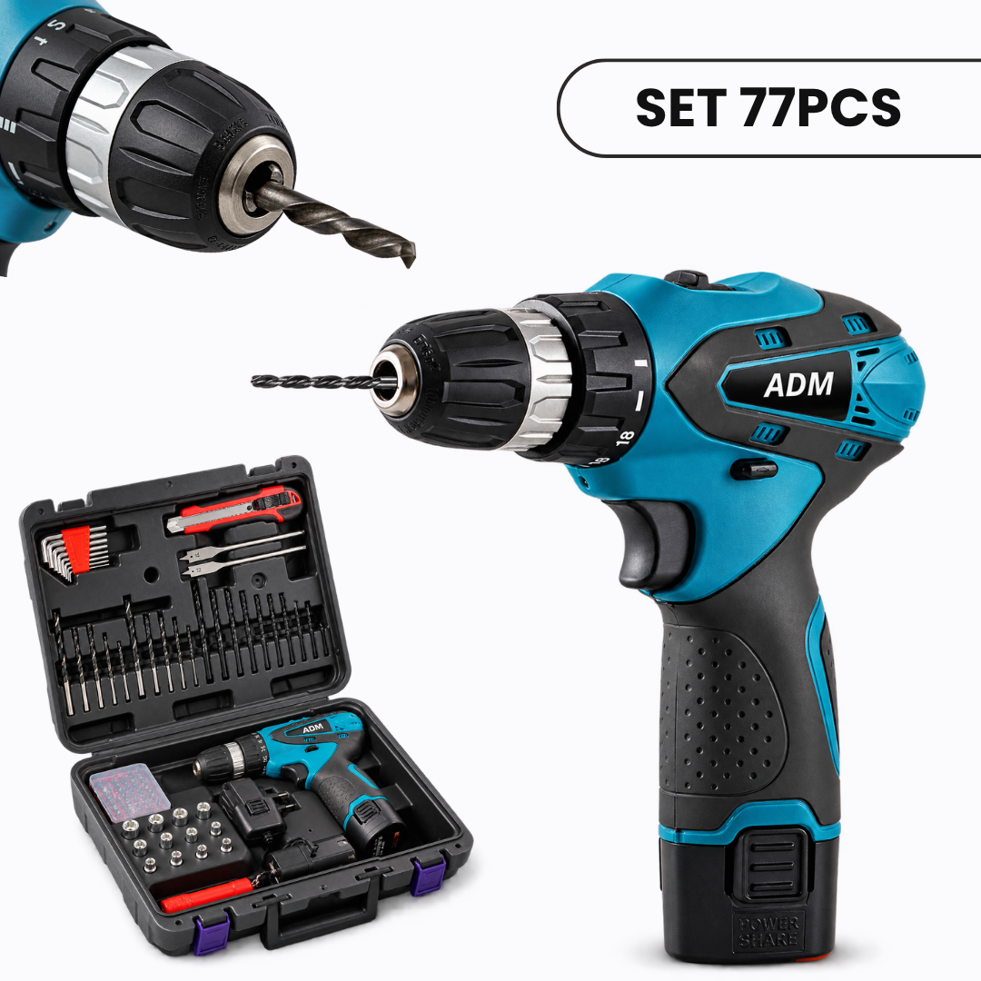 ADM CORDLESS SCREWDRIVER + TWO BATTERIES 12V, SET 77PCS, SKU: 395