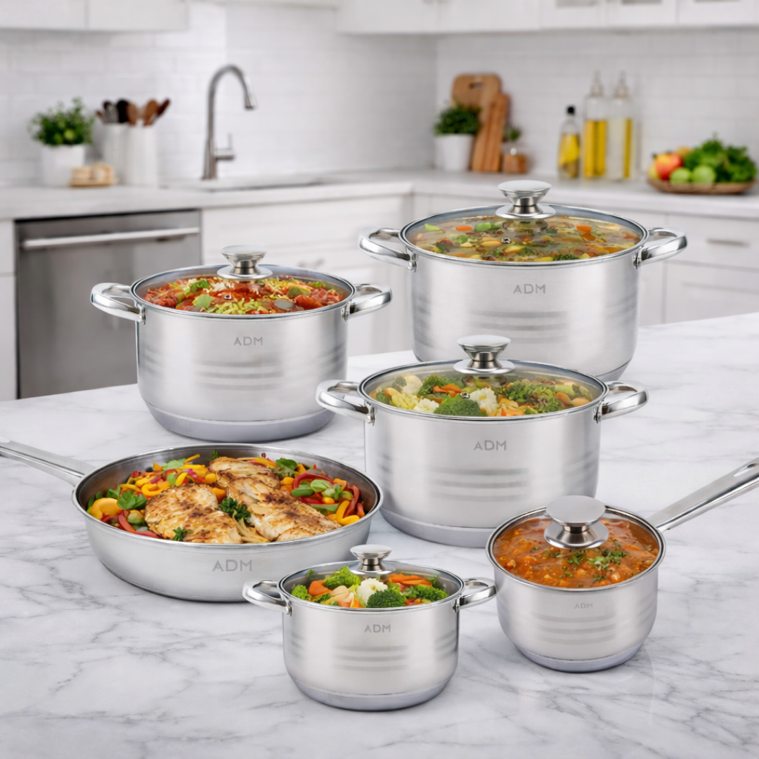 STAINLESS COOKWARE SET ADM WITH LIDS OF 12 ITEMS, SKU: 393