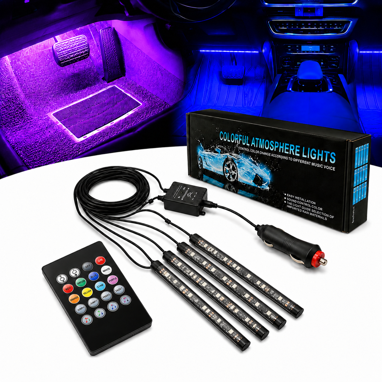 Car Interior LED Atmosphere Lights 12V with Music Sync & Remote Control, SKU: 2280
